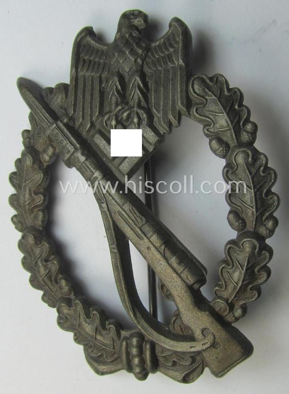 Superb, 'Infanterie Sturmabzeichen in Bronze' being a maker-marked (and/or very converse- ie. vaulted-) 'hollow-back' example by the maker: 'Friedrich Linden' (ie. 'F.L.L.') as was executed in bronze-coloured, zinc-based metal (ie. 'Feinzink...