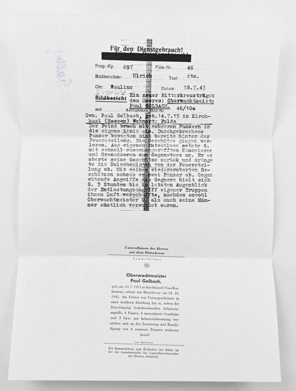 Signature of Wehrmacht Heer KC Recipient 'Paul Golbach'