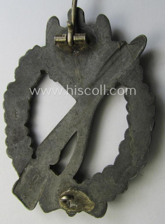 Attractive, 'Infanterie Sturmabzeichen in Silber' (or: silver infantry assault badge ie. IAB) being a nicely maker- (ie. 'A'-) marked example as executed in zinc-based metal (ie. 'Feinzink') as was produced by the: 'Assmann & Söhne'-company