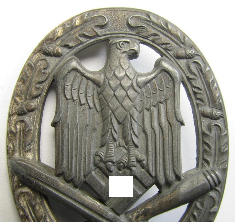 Superb, 'Allgemeines Sturmabzeichen' (or: general-assault-badge ie. GAB) being a very desirable, non-maker-marked (zinc-based) so-called: 'four-rivet'-pattern example as was produced by a to date still unidentified maker