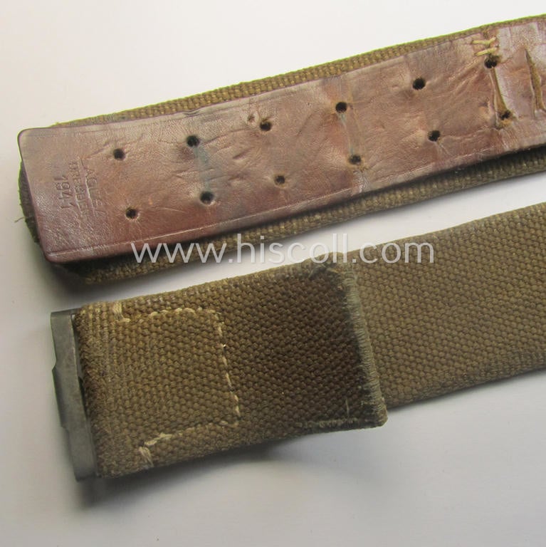 WH (Heeres ie. LW etc.) 'tropical-issued'- and (partly) 'web-based' belt (ie. 'Koppelriemen') being a maker- (ie. 'Lagesa - Dresden - 1941'-) marked and/or 103 cms.-sized example