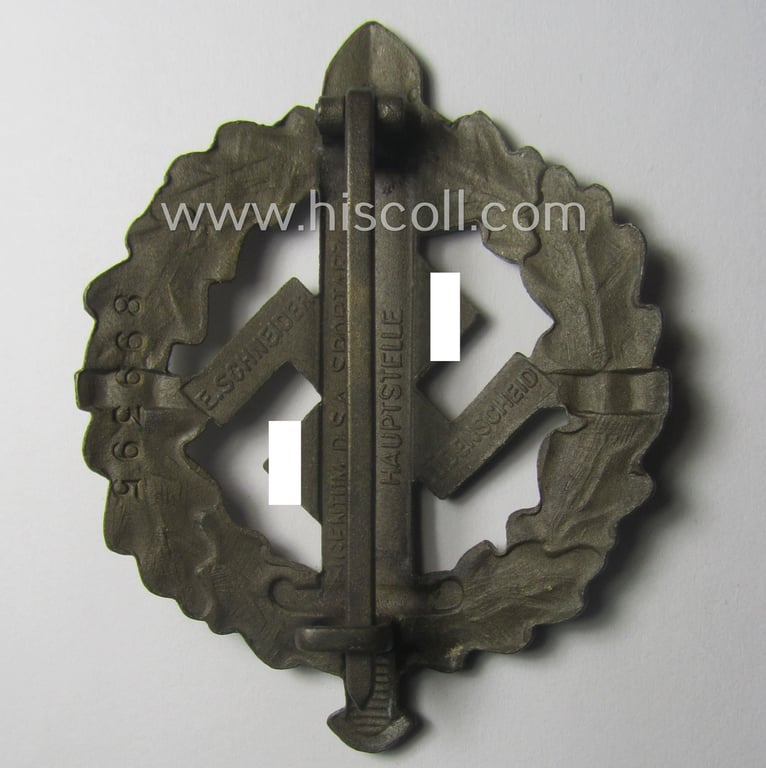 Early- (ie. pre-) war-period 'SA Sportabzeichen in Bronze' being a nicely maker- (ie. 'E. Schneider'-) marked example that bears a unique, stamped bearers'-number that reads: '899395' on its back