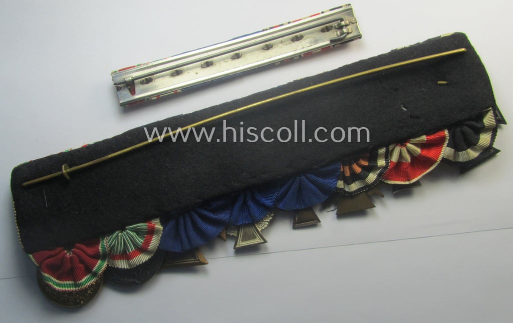 Superb, 8-pieced WWI- (ie. TR-) related medal-bar (ie. 'Ordenspange') depicting an: 'EKII.Kl., an: 'Hanseatenkreuz 1914', an: 'FKK 1914-18 mit S.', a: 'TD-Ez. der 2. Kl.', a: 'Zollgrenzschütz-Ez.' and two Austrian WWI-period comm. medals