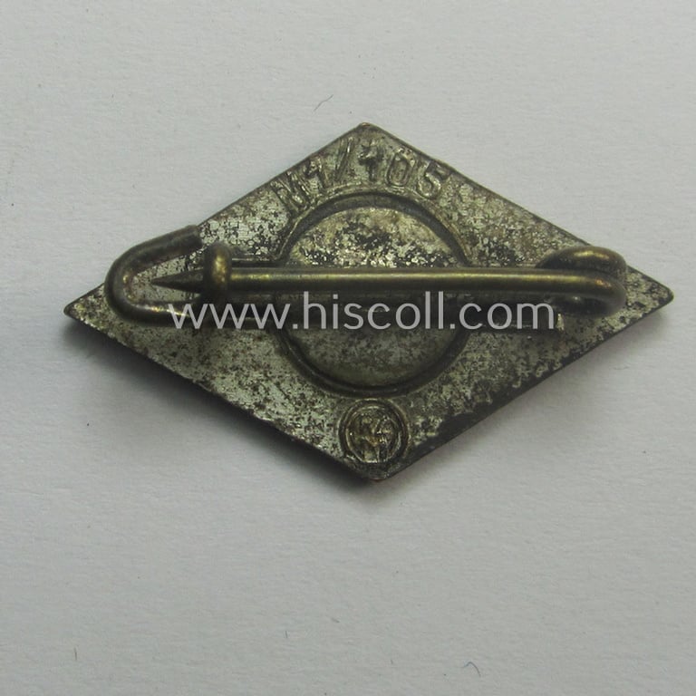 HJ (ie. 'Hitlerjugend') enamelled lapel-pin (ie.: 'Raute') being a darker-red-coloured- (ie. 'opal'-styled) example showing an: 'RzM - M1/105'-makers'-designation