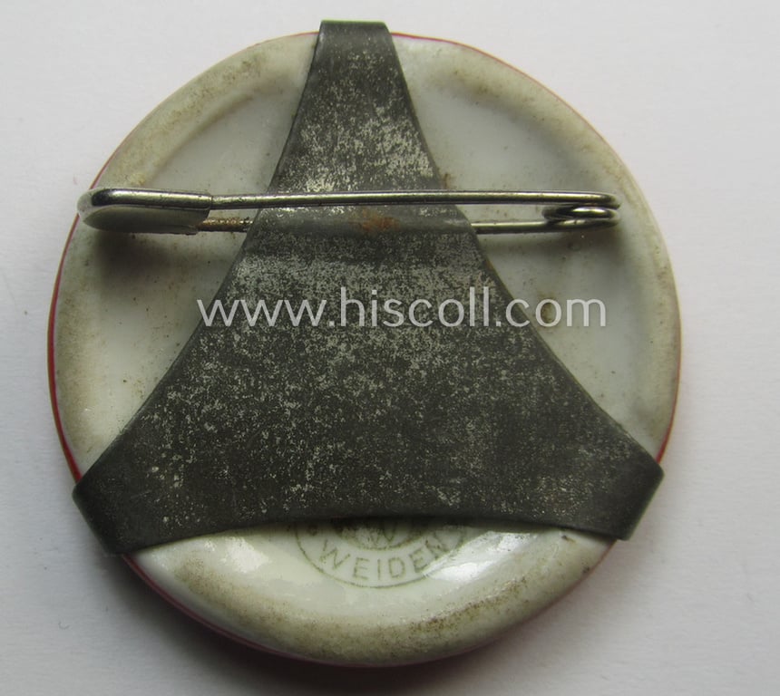 Very unusual, commemorative (and earthenware-based!) N.S.D.A.P.-related 'tinnie' being a maker-marked example showing a: 'Reichsadler' and text: 'Bayer. Ostmark - Nat.Soz. - Grenzland Kundgebung - Weiden Obpf. - 28. Mai 1933'