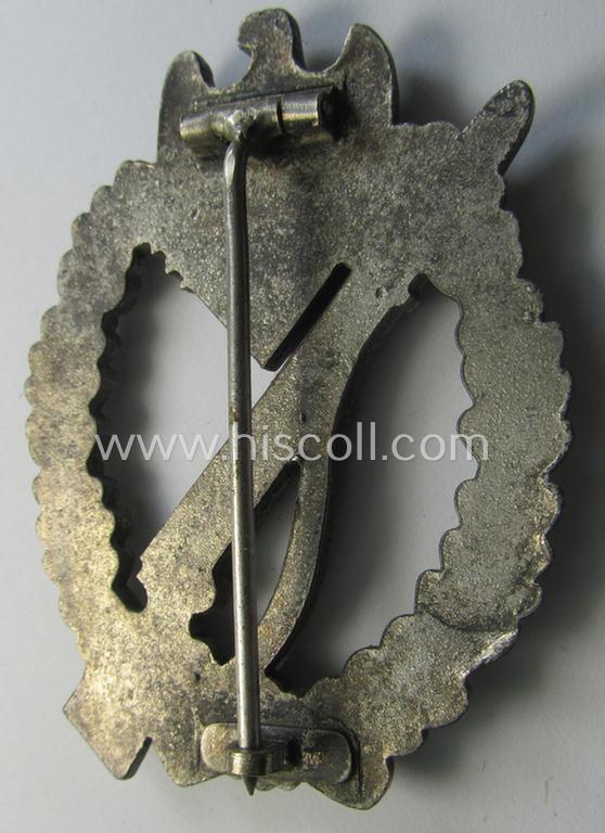 Attractive, 'Infanterie Sturmabz. in Silber' (or: silver-class infantry assault badge ie. IAB) being a detailed albeit unmarked example (of the 'long-barrel-hinge'-variant) as executed in 'Feinzink' as produced by the: 'Steinhauer & Lück'-com...