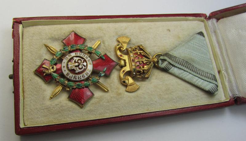 Attractive, bright-golden-toned, Bulgarian WWII-period military-officers'-cross: 'For Military Merit - IV class' (or: in Bulgarian- ie. Cyrilic language: “Орденъ за Военна Заслуга”) that comes in its period case as issued