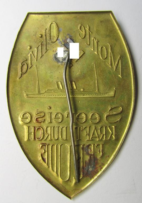 Commemorative - tin- (ie. copper-) based-, 'DAF'/'KDF'- (ie. 'Deutsches Arbeits Front'-) related 'tinnie', being a non-maker-marked example depicting an illusration of a cruise-ship and text: 'Monte Olivia - Seereise - Kraft durch Freude'