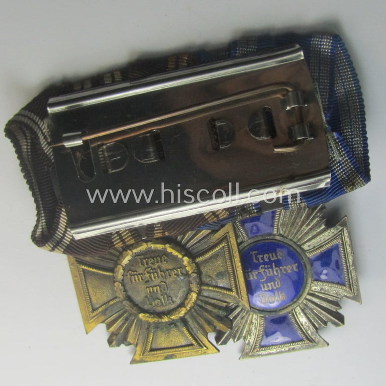 Superb, 2-pieced N.S.D.A.P.-related medal-bar (ie. 'Orden- o. Doppelspange') showing resp. a: 'D.A. in Silber' (ie. '2. Stf. für 15 Jahre t.D.') and a: 'D.A. in Bronze' (ie. '3. Stf. für 10 Jahre t.D.')