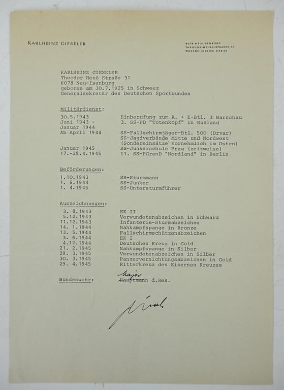 Signature of Waffen-SS KC Recipient 'Karl-Heinz Gieseler'