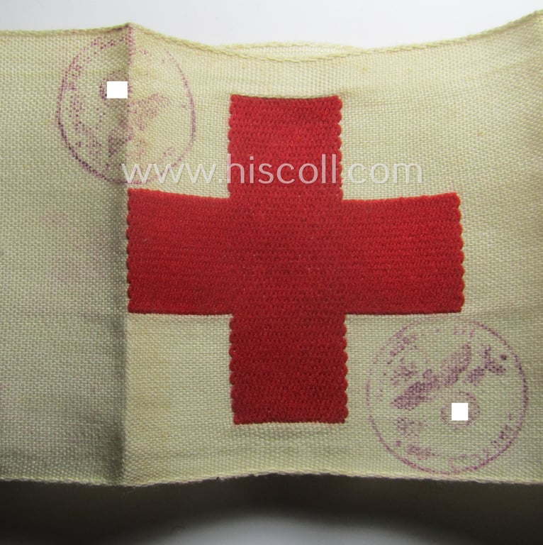 WH (Heeres) related, linnen-based- and/or neatly 'machine-embroidered', beige-white-coloured DRK- (ie. 'Deutsches Rotes Kreuz'-) armband (ie. 'Armbinde') as was intended for the staff-members serving as medical orderly