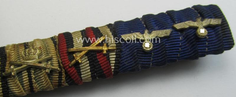 Attractive, 5-pieced WH 'Feld- o. Bandspange' showing resp. the ribbons for a: WWI-period 'EK II. Kl.', a: Bayern 'MVO 3.St.', a: 'FKK 14-18 mit Schw.' and two WH 'DA' (with attached devices)