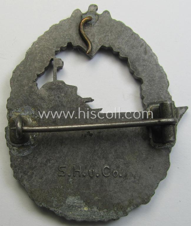 Attractive - albeit moderately used- ie. worn! - WH (Kriegsmarine) 'Zerstörerkriegsabzeichen' being a clearly maker-marked example as executed in 'Feinzink' as was produced by the desirable maker (ie. 'Hersteller'): 'S.H.u.Co.'