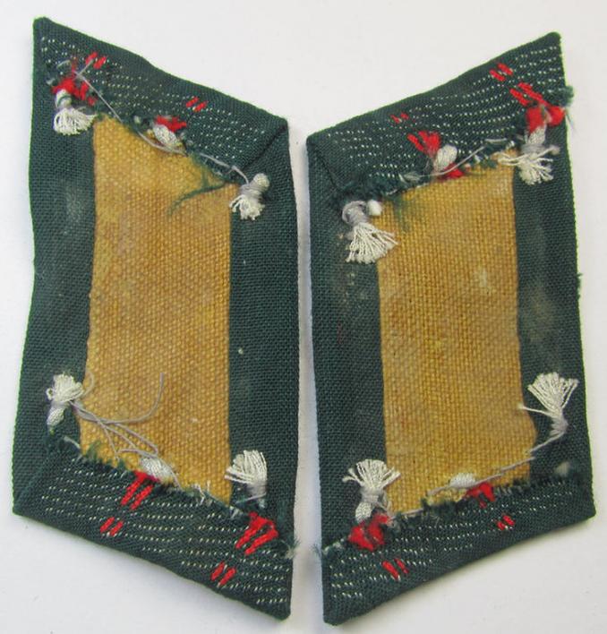 WH (Heeres) pair of (later-war-pattern) officers'-type collar-tabs (ie. 'Kragenspiegel für Offiziere') as was entirely executed in the neat 'BeVo'-weave pattern, as was intended for an officer who served within the: '(Sturm)Artillerie-Truppen'