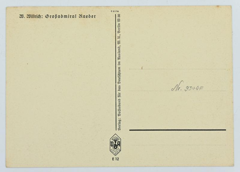 German KM Postcard 'Grossadmiral Reader'