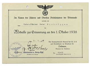 German 1 October 1938 medal Certificate