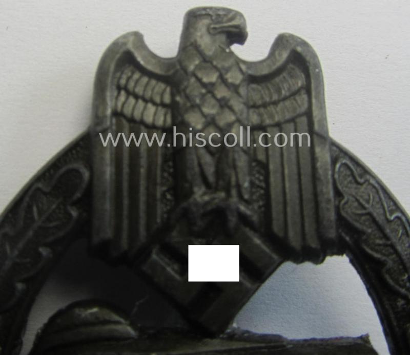 'Panzerkampfabzeichen in Bronze' (or: bronze-class panzer assault badge or PAB) being a zinc- (ie. 'Feinzink'-) version (of the so-called: 'early-period, hollow-zinc, Type A'-variant) as was procuced by the: 'Wilhelm Deumer'-company
