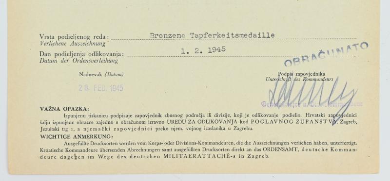 Croatian/German WW2 Bronze Bravery Medal Certificate 'Jakob Bell'