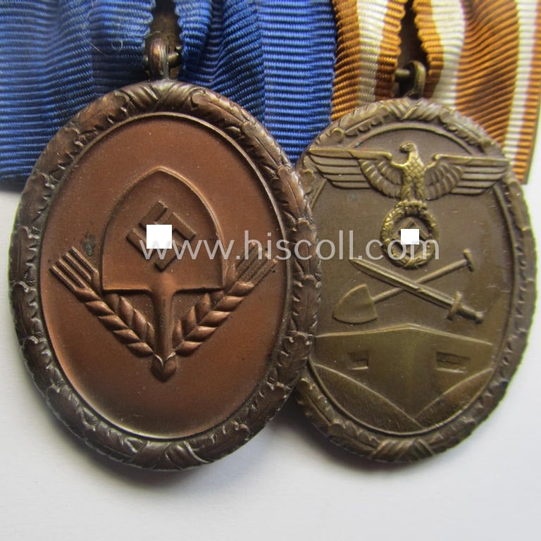 2-pieced RAD- (ie. 'Reichsarbeitsdienst'-) related medal-bar (ie. 'Orden- o. Doppelspange') showing resp. a: 'Dienstauszeichnung 4. Stf. für Männer' and a: 'Deutsches Schutzwall Ehrenzeichen' (aka: 'Westwall'-medal)