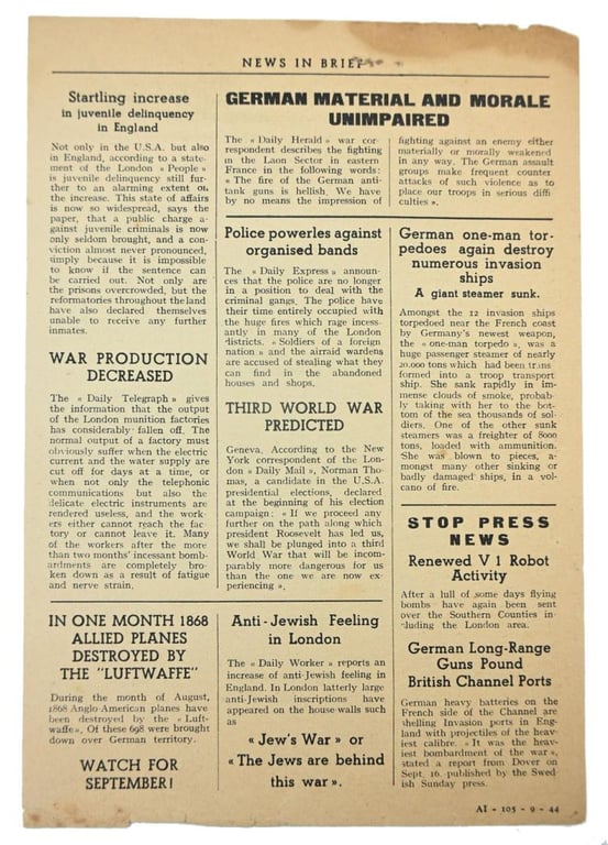 US WW2 Allied News Leaflet 'News in Brief'