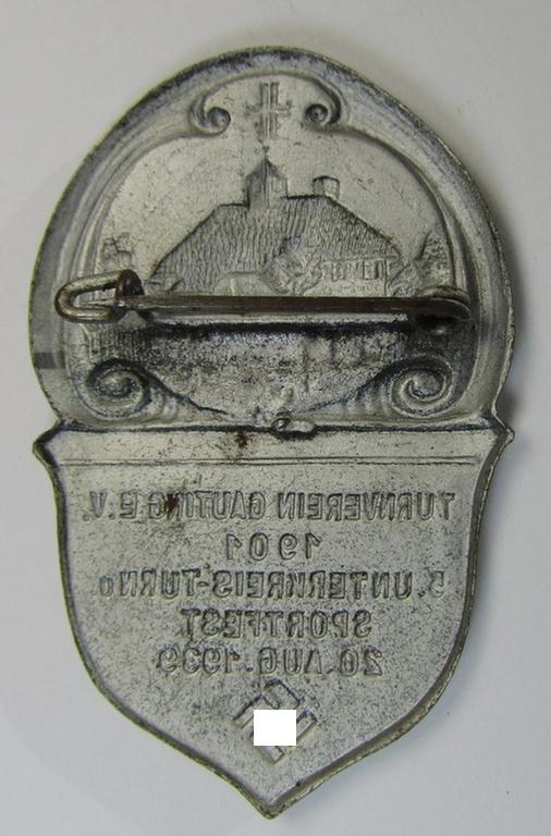 Attractive, (I deem) 'Deutscher Turnerbund'-related 'tinnie' being a non-maker marked example depicting a towns'-scene (and swastika-device) and text: 'Turnverein Gauting E.V. 1901 - 5. Unterkreis-Turn u. Sportfest - 20. Aug. 1939'