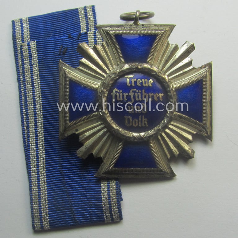 'N.S.D.A.P. Dienstauszeichnung in Silber' (ie. '2. Stufe für 15 Jahre t. D.') being a (typical) non-maker-marked- (and 'regular-weight') example that comes together with its period (fairly long-sized!) ribbon as issued- and/or worn