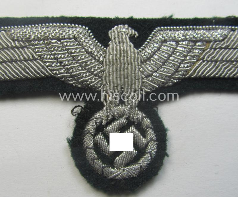 WH (Heeres) officers'-type, hand-embroidered breast-eagle (ie. 'Brustadler für Offiziere') as was executed in bright-silverish-coloured braid as was intended for usage on the various officers'-pattern tunics