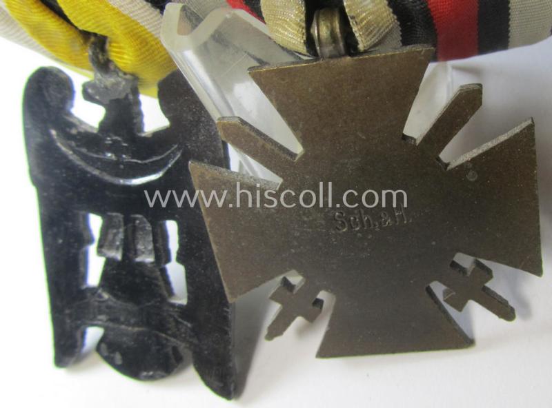 2-pieced (post) WWI-period medal-bar (ie. 'Spange') showing resp. a: 'FKK 1914-18 mit Schwn.' and a: a: 'Schlesisches Bewährungsabzeichen der II. Kl.' (or: 'Schlesischer Adler 2. Stufe') that both come period-mounted as a: 'Doppelspange'