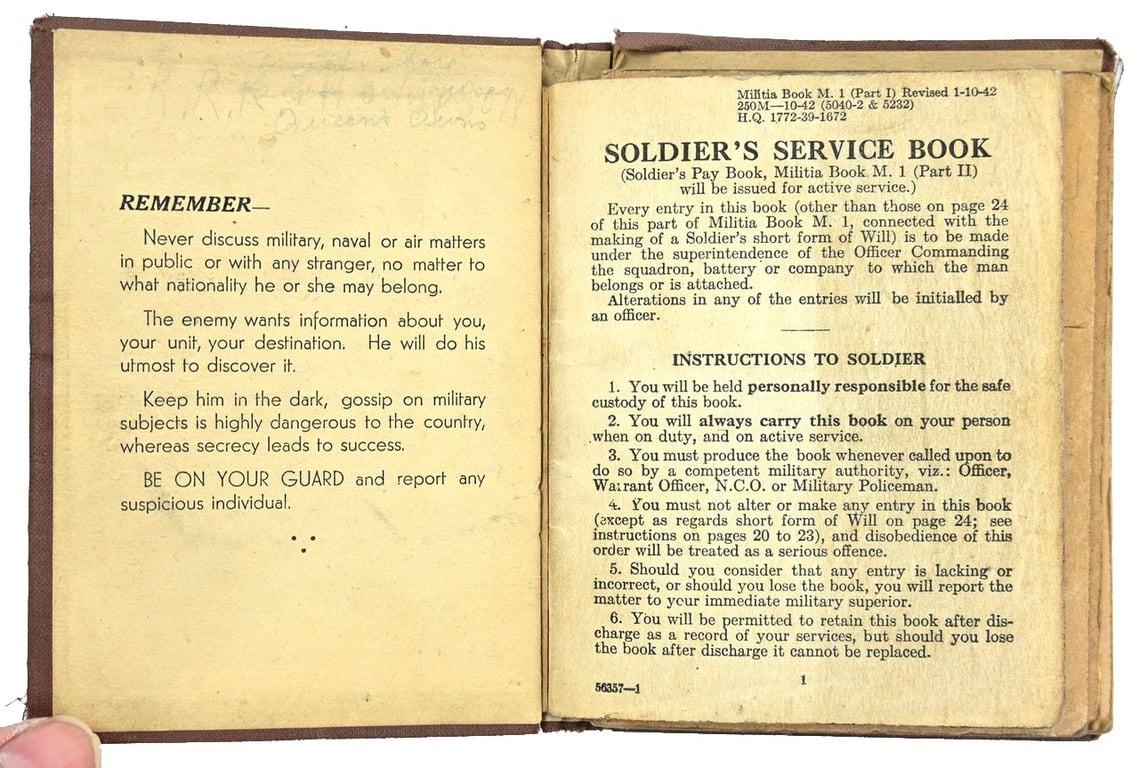 Canadian WW2 Service Book 'Russell Thompson' Canadian Queens Own Rifles