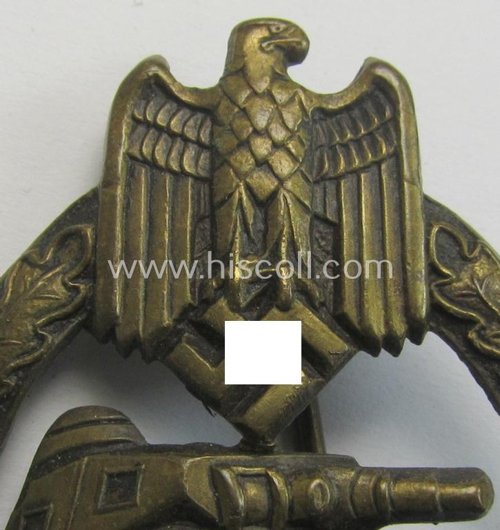 Superb - and actually scarcely encountered! - example of a: 'Panzerkampf-Abzeichen in Bronze' being a typical 'hollow-back', non-maker-marked- (and/or: 'Buntmetall'- ie. 'Tombak'-) based example as was procuced by the: 'Karl Würster'-compan...