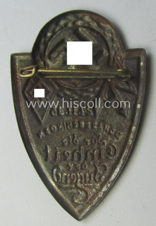 Fairly early-period, silver-toned HJ/BDM (ie. 'Hitlerjugend' or: 'Bund Deutscher Mädel') day-badge (ie. 'tinnie' or: 'Veranstaltungsabzeichen') entitled: 'Für die Einheit der Jugend - Donaueschingen - 24.11.1935'