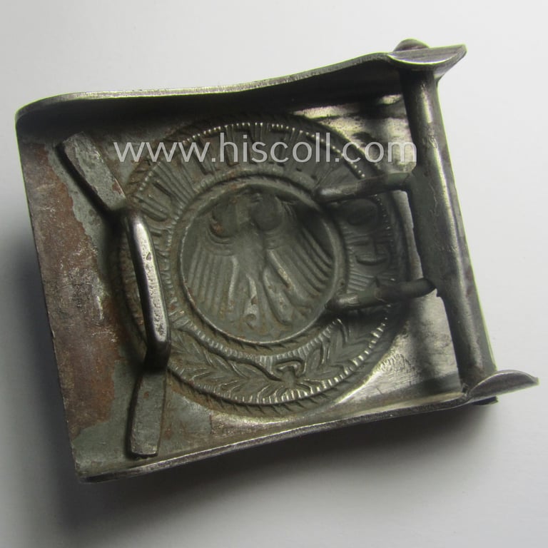 Early period- (ie. 'Deutsche Reichswehr'-related-) field-grey-coloured- (ie. typical steel-based) belt-buckle (ie. 'Koppelschloss') being a non-maker-marked example that comes in a clearly used- ie. worn, condition