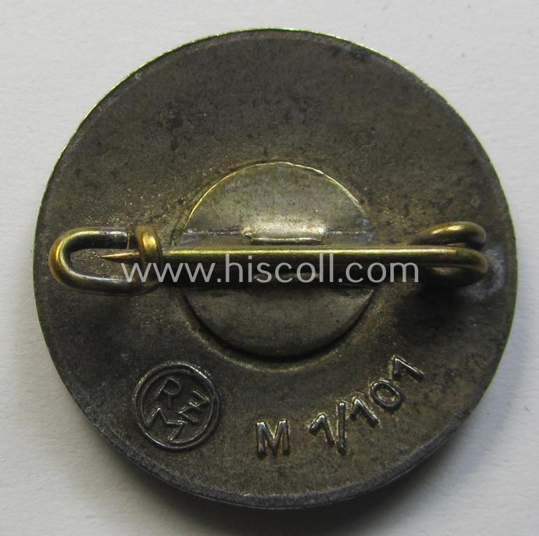 Neat - bright-red-coloured and nicely preserved! - 'N.S.D.A.P.'-membership-pin- ie. party-badge (or: 'Parteiabzeichen') which is maker-marked on its back with the makers'-designation: 'RzM' and/or: 'M1/101'