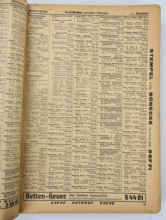 German Index Phone Book Hannover 1941