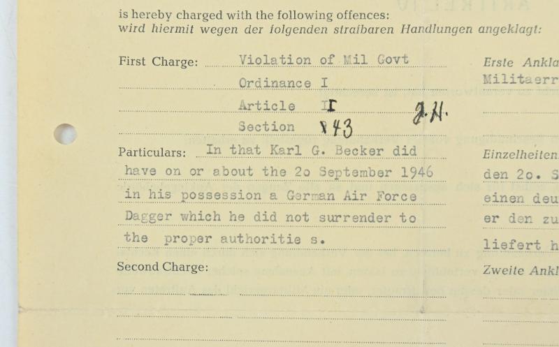 US WW2 Military Court Document 'German Dagger'