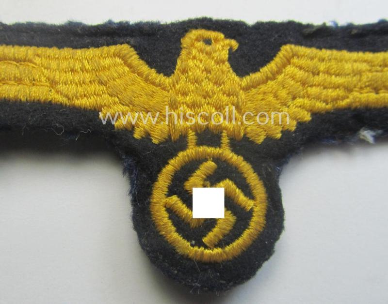 Interesting, WH (Kriegsmarine) breast-eagle (ie. 'Brustadler für Mannschaften u. Uffz. der Kriegsmarine') being a 'standard-pattern'- and neatly machine-embroidered example that comes in a moderately used- ie. carefully tunic-removed, condition