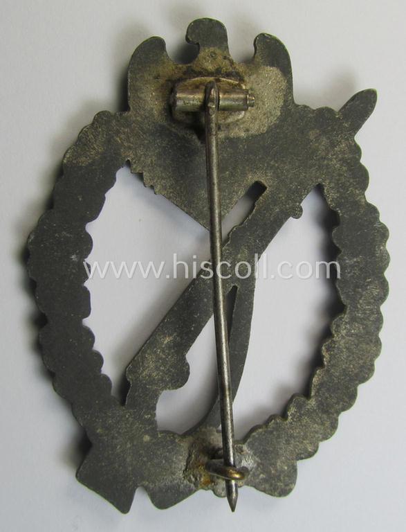 'Infanterie Sturmabzeichen in Silber' (or: silver-class infantry-assault-badge ie. IAB) being a non-maker-marked, so-called: 'solid-back'-example as was (I deem) produced by the: 'Paul Meybauer'-company