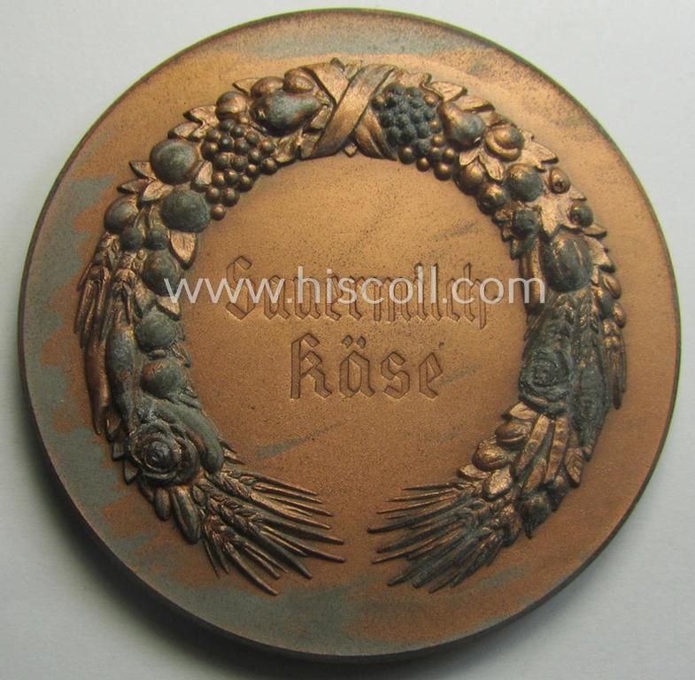 Reddish-bronze-toned, 'Reichsnährstand'- (ie. 'RNSt.'-) related, commemorative-award-plaque entitled: 'Reichsprüfung für Milch u. Milcherzeugnisse - Blut und Boden - 1938 - Sauermilch-Käse' and that comes stored in its period etui