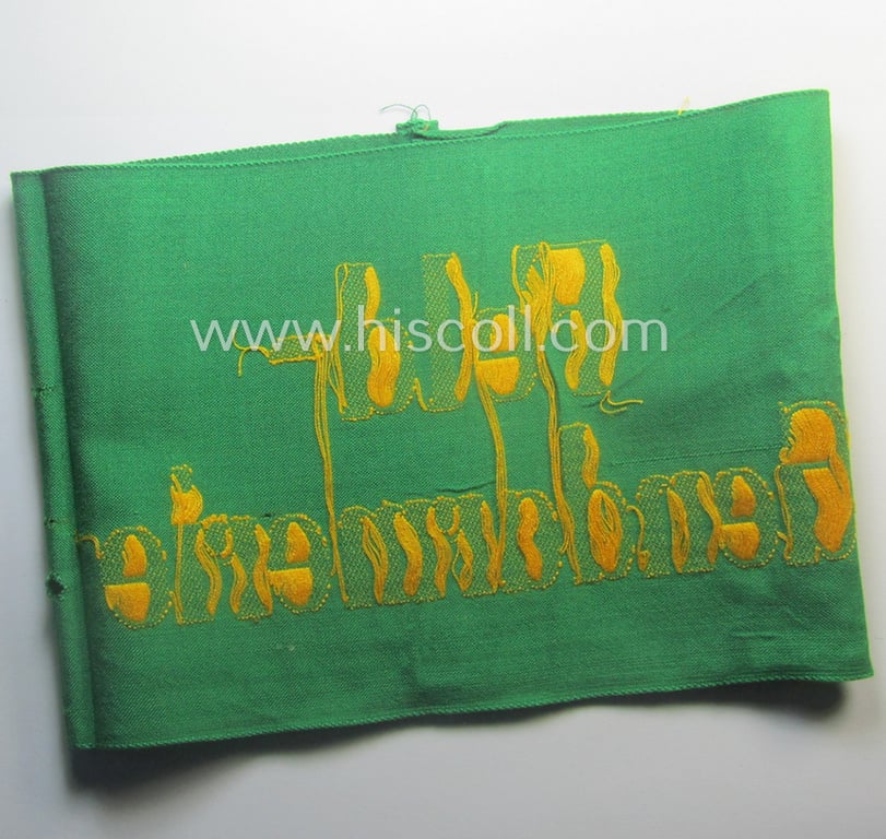 'Deutsche-Wehrmacht'-related, bright-green-coloured and/or linnen-based armband entitled: 'Feldgendarmerie' (as was specifically intended for usage by the staff of the notorious: 'Feldgendarmerie-Truppen')