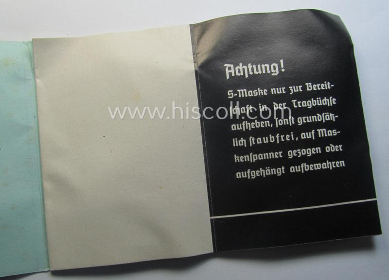 Neat - and actually scarcely encountered! - example of the 16-paged- and/or small-sized booklet on the German ('standard'-issue) 'Wehrmacht' gasmask ('Model S'), entitled: 'Die S-Maske'