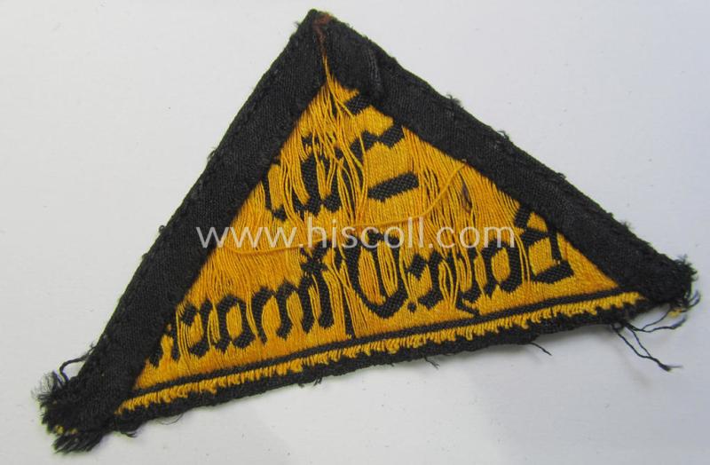 'HJ' ('Hitlerjugend') district-triangle (ie. 'Gebietsdreieck') entitled: 'Süd Bayr.Ostmark' (being a moderately used- ie. worn example that has lost its paper-based 'RzM'-etiket over the years)