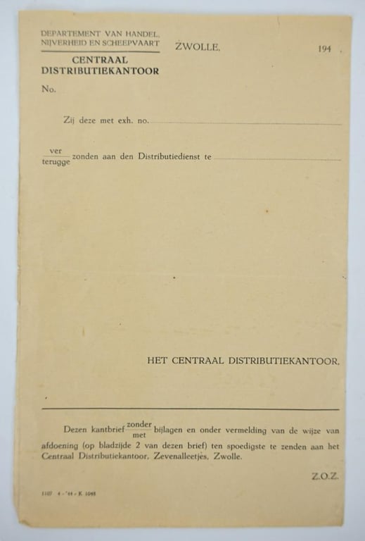 Dutch WW2 Distribution Office Paper Zwolle 1944