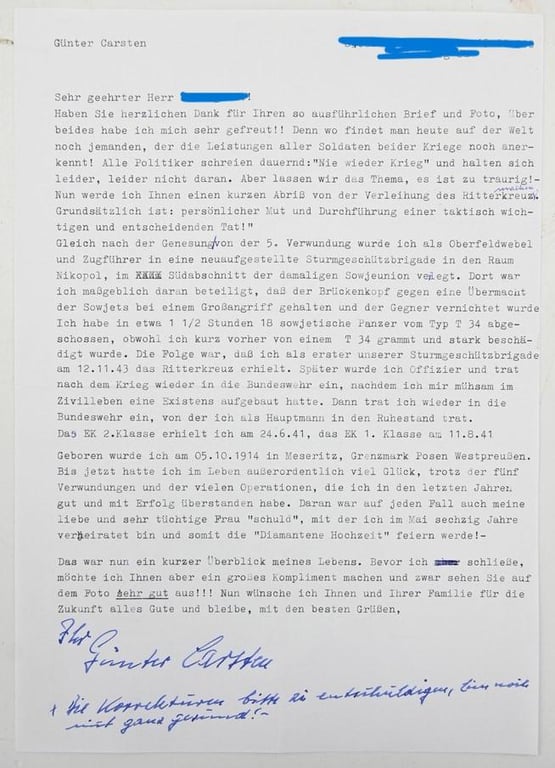 Signature of Wehrmacht (Heer) KC Recipient 'Günter Chrzonsz'