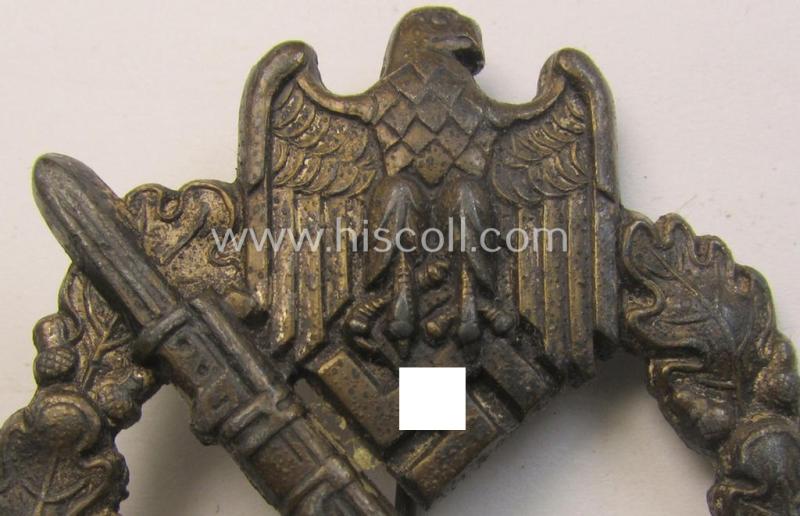 Attractive, 'solid-back' 'Infanterie Sturmabzeichen in Silber' (or: silver infantry-assault badge ie. IAB) being a non-maker-marked example as executed in zinc-based metal (ie. 'Feinzink') as was produced by the: 'Wilh. Deumer'-company