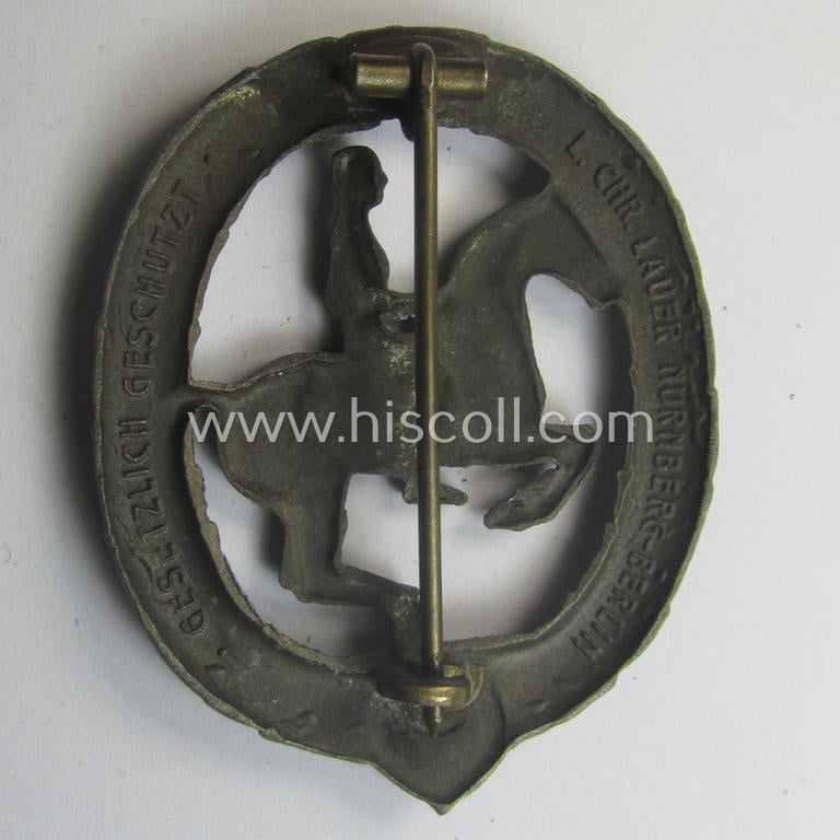 'Deutsches Reiterabzeichen der 3. Klasse (ie. 'in Bronze') being a maker- (ie. 'L.Chr. Lauer'-) marked example that comes together with its accompanying 'Halbminiatur'