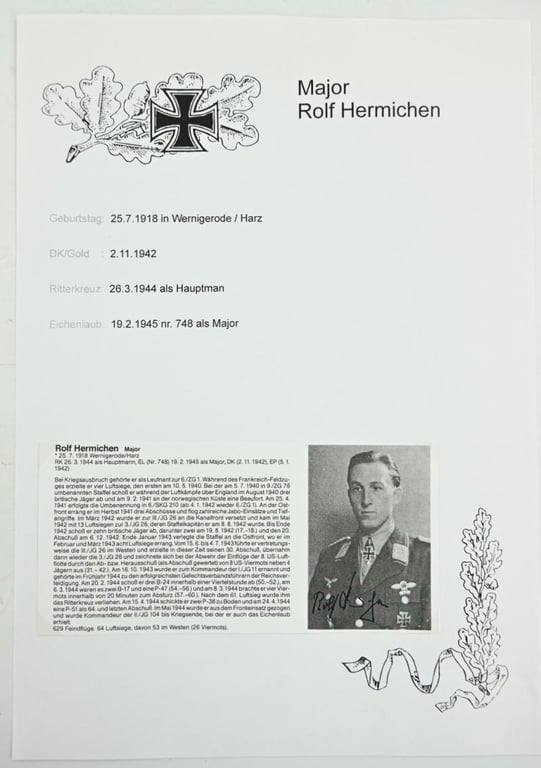 Signature of Luftwaffe KC &OLC Recipient ''Rolf-Günther Hermichen"'
