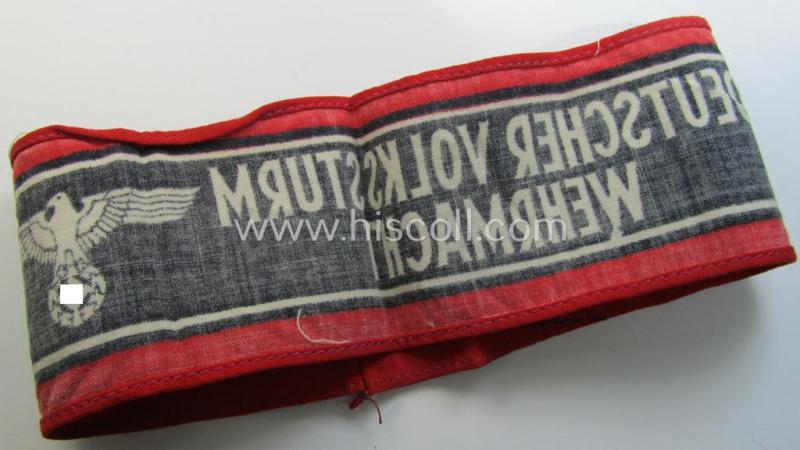 Superb, typically printed- and/or later-war-period, bright-red- and/or black-coloured so-called: 'Deutscher Volkssturm'-armband (ie. 'Armbinde') that comes in an overall very nice- (I deem hardly used- nor worn- ie. 'virtually mint'-), conditio...