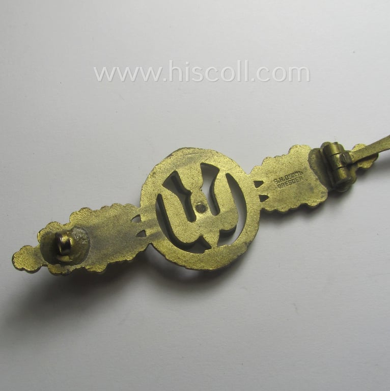 Superb, Tombak- (ie. 'Buntmetall'-) based- and/or (unusually!) maker-marked example of a WH (Luftwaffe) 'Frontflugspange für Kampfflieger in Gold' as was produced by the: 'G.H. Osang'-company