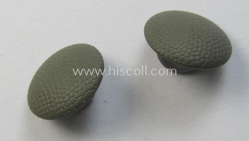 Interesting - and truly hard to find! - field-grey-coloured, WH (Heeres, Waffen-SS etc.) field-cap-buttons (ie. 'Knöpfe für Einheits-Feldmützen') being neatly maker-marked examples that come in a 'mint- ie. unissued', condition