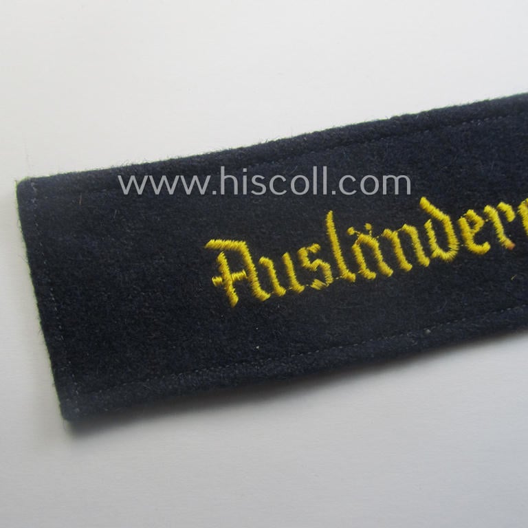 Superb - and actually rarely encountered! - example of the HJ/BDM- ('Hitlerjugend' ie. 'Bund Deutscher Mädel'-) cuff-title (ie. 'Ärmelstreifen') entitled: 'Ausländereinsatz' being an example as executed in the machine-embroidered pattern